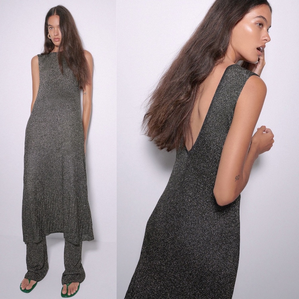 Zara KNIT V-NECK MIDI DRESS W/ METALLIC THREAD Black/Gold Size S NEW